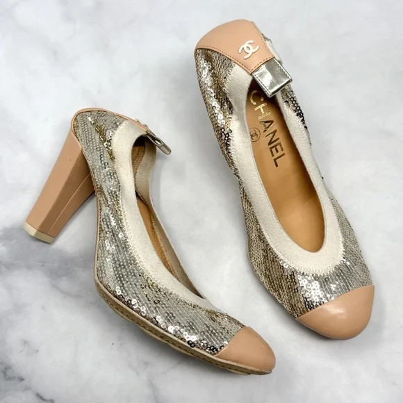 CHANEL CC Coco Mark Sequin Leather Elastic Block Heel Pumps Glam Designer Y2K - Picture 2 of 15
